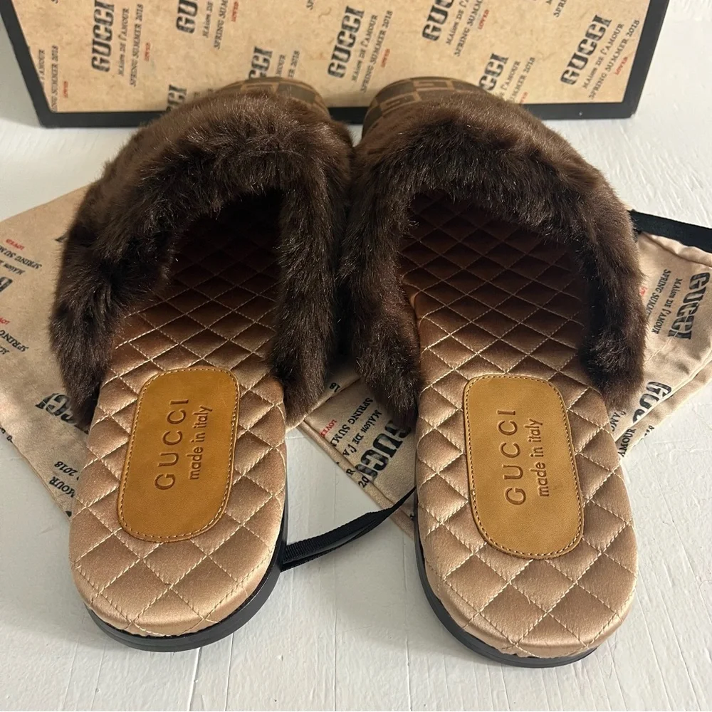 Gucci Men's Lawrence Faux Fur Suede GG Logo Slides Size 12 Chocolate Brown - Picture 5 of 13